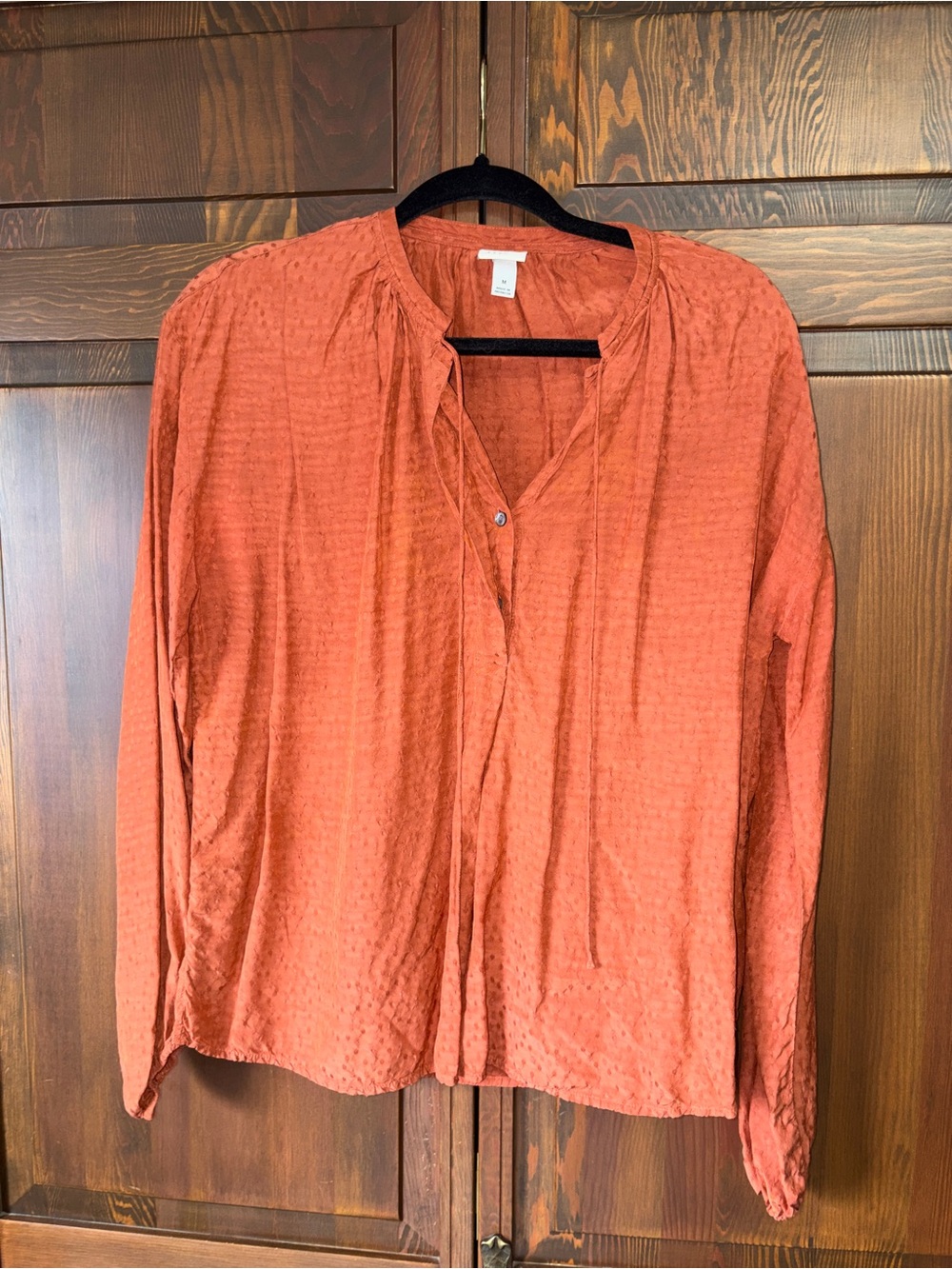 A New Day Rust Orange Clip Dot Long Sleeve Tie Neck Boho Blouse Size M